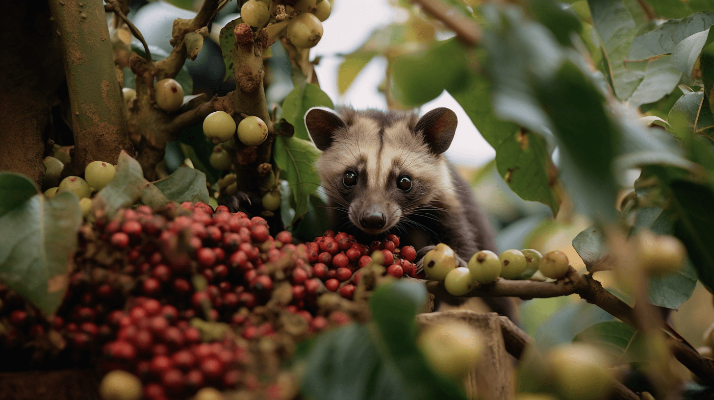 Kopi Luwak Civet eating coffee beans in coffee plantation in Indonesia