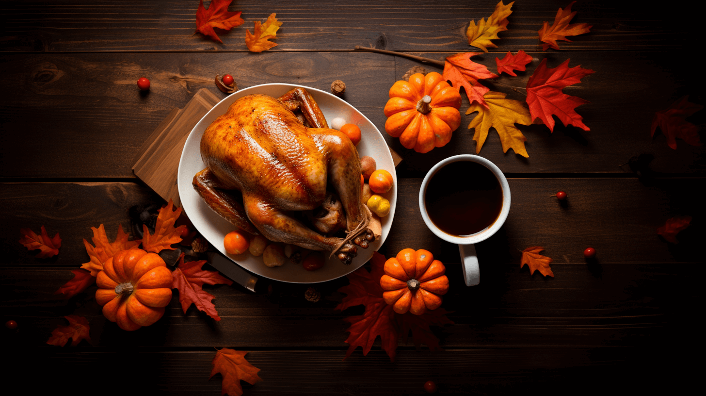 Thanksgiving with coffee and turkey on the table