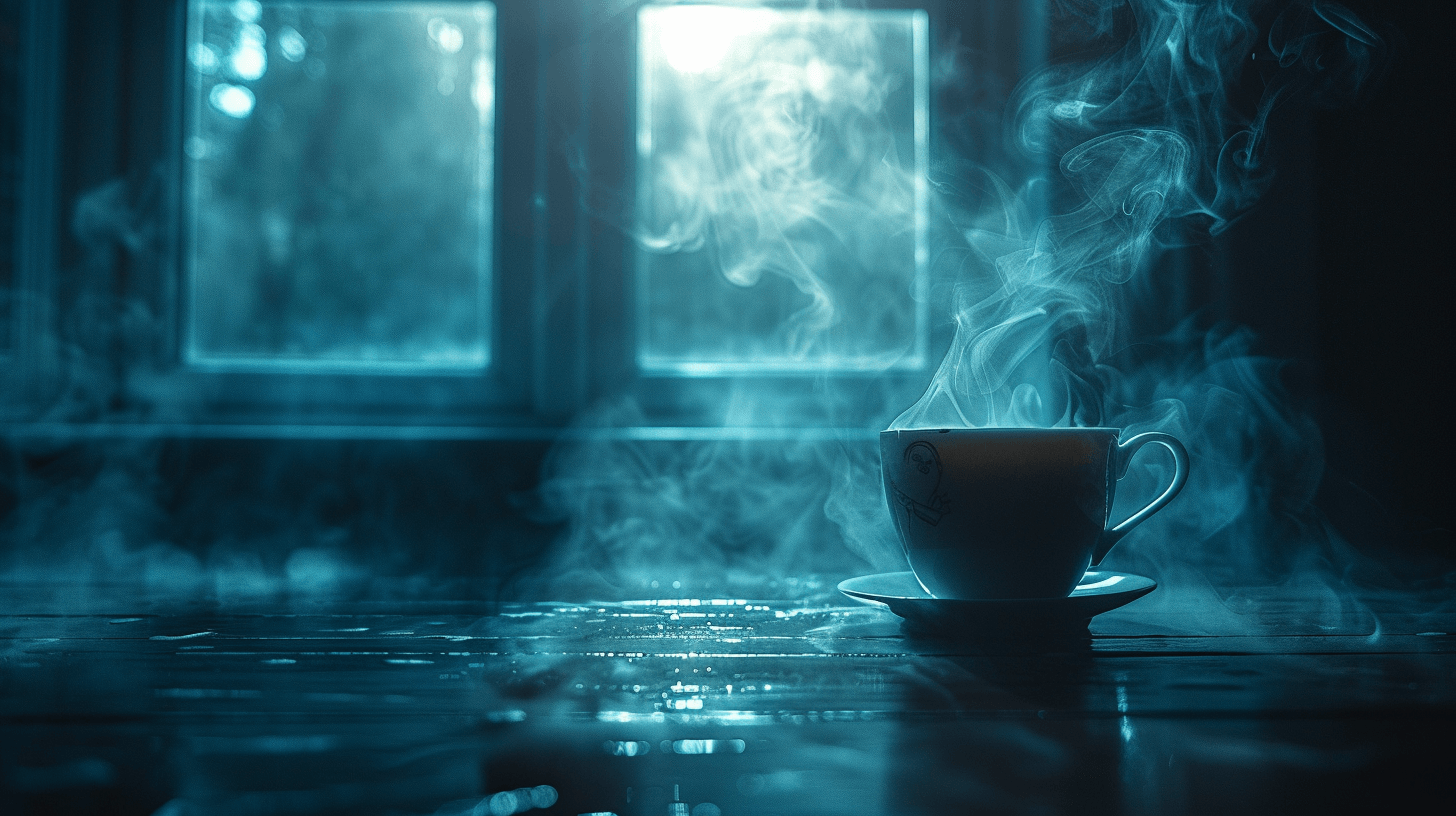 A steaming cup of coffee next to a window