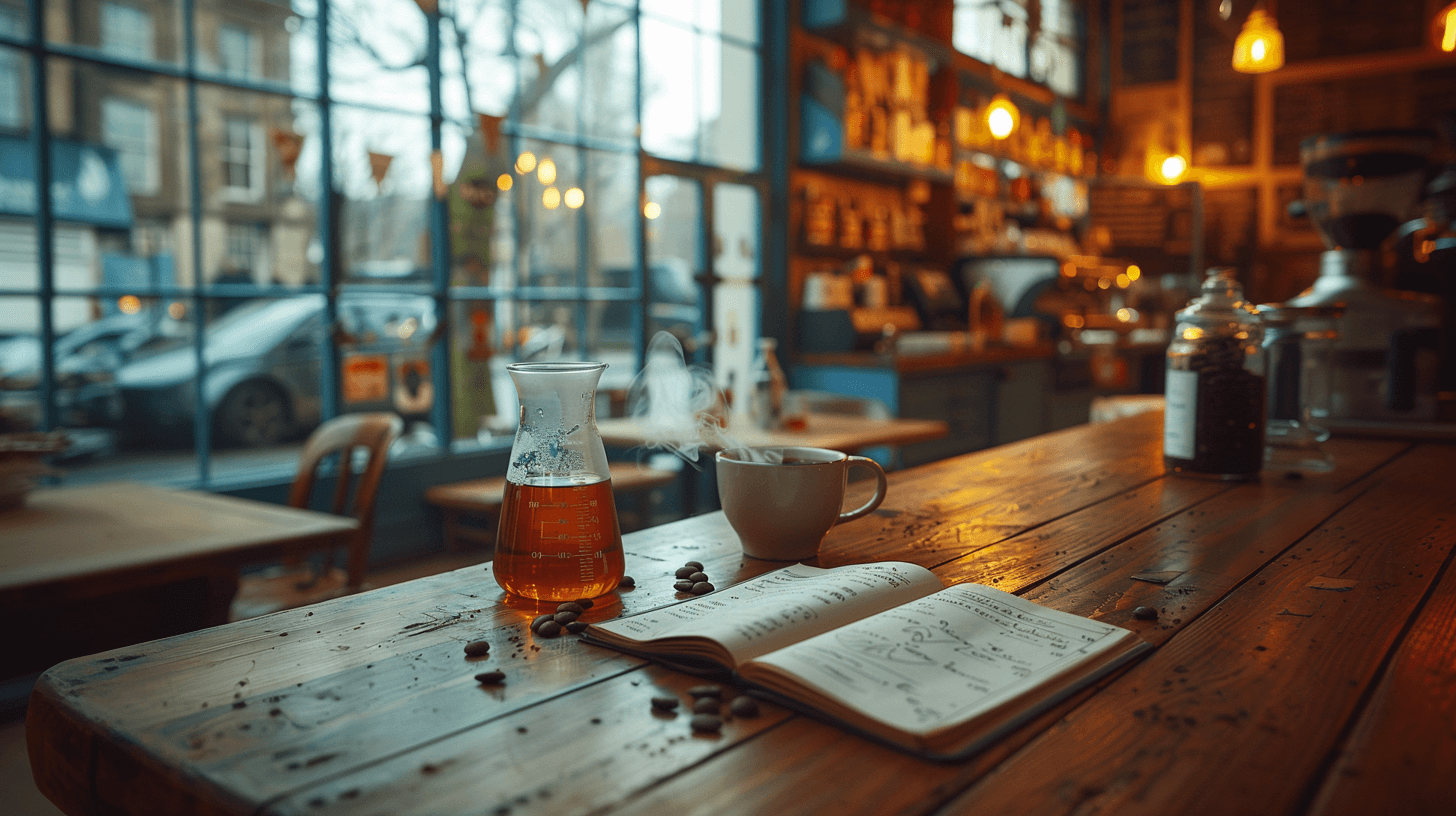 Beaker next to a notebook and a cup of coffee measuring coffee pH
