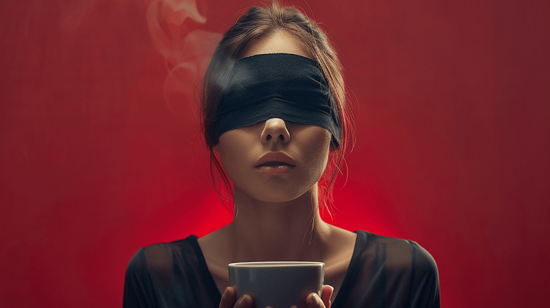 Blindfolded woman doing the blind taste test with coffee