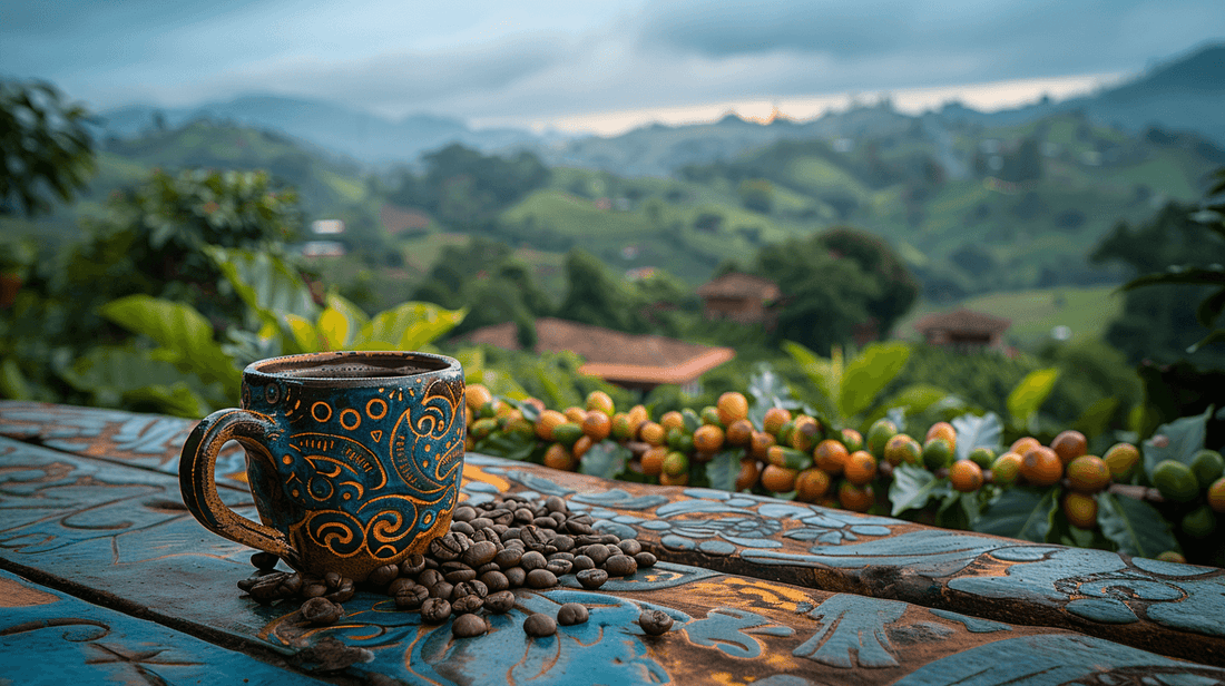 Single Origin beans next to a handcrafted clay mug