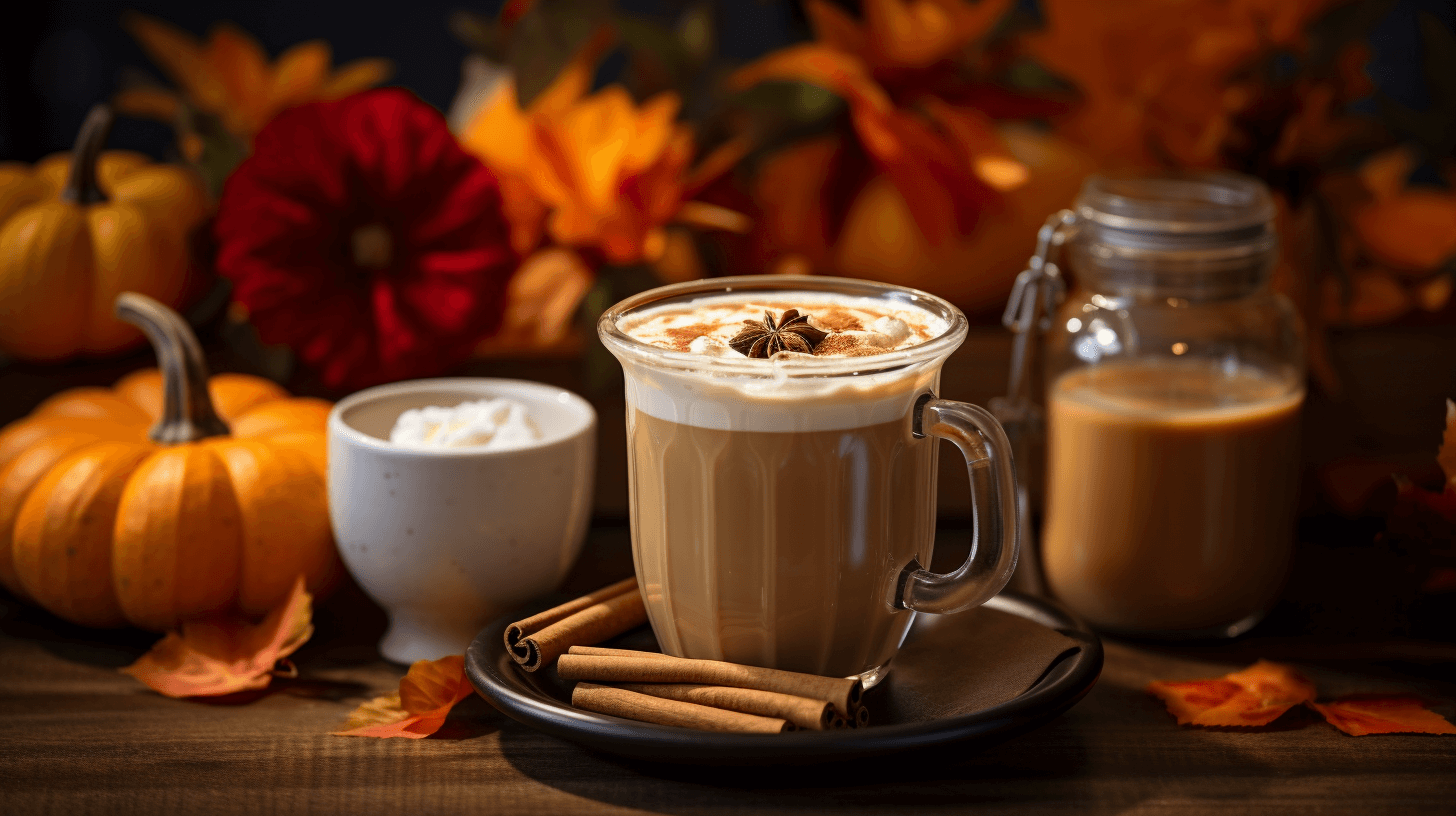 Coffee cup on table with a mason jar, pumpking and cinammon