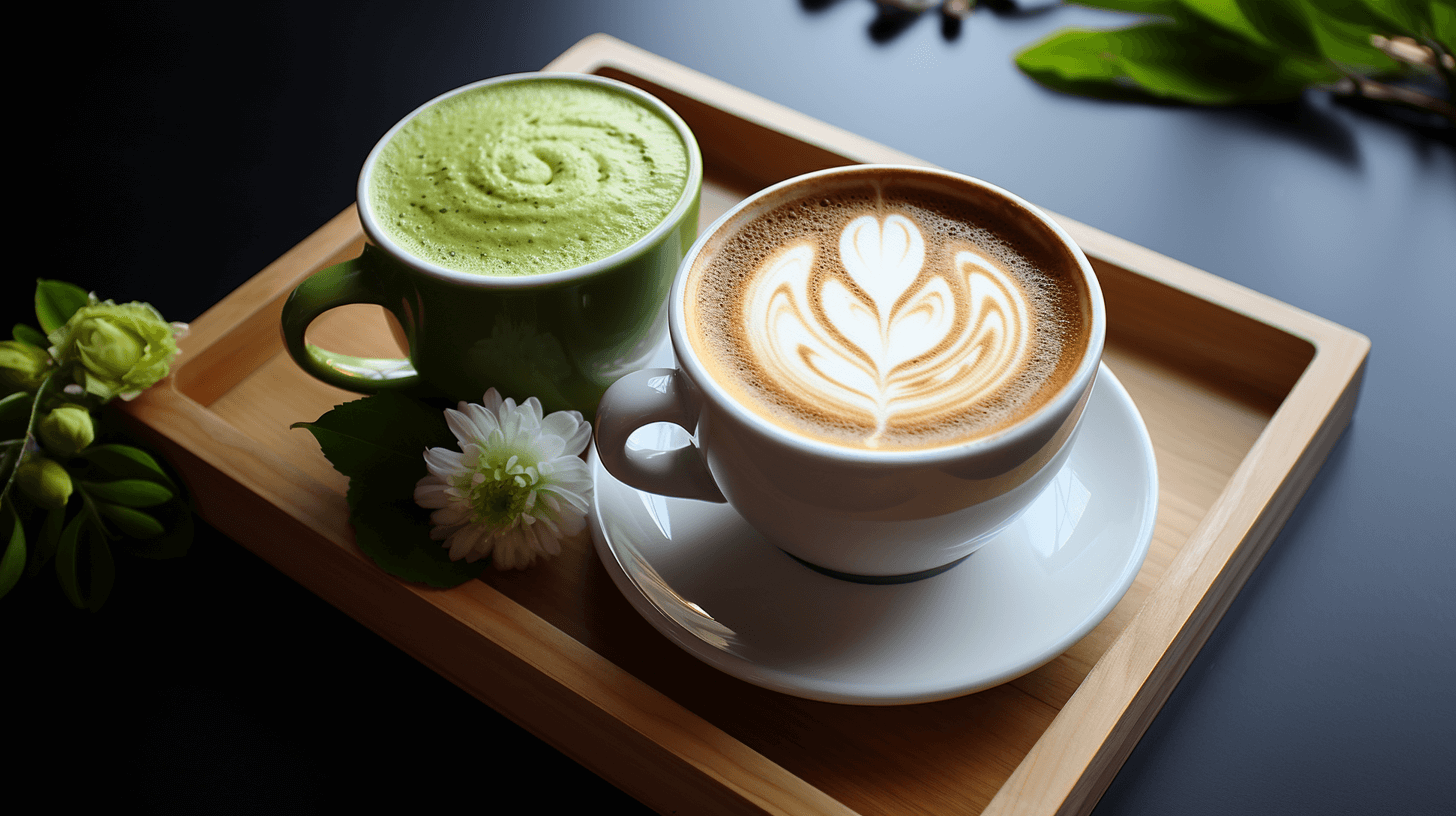 Coffee cup next to green tea cup