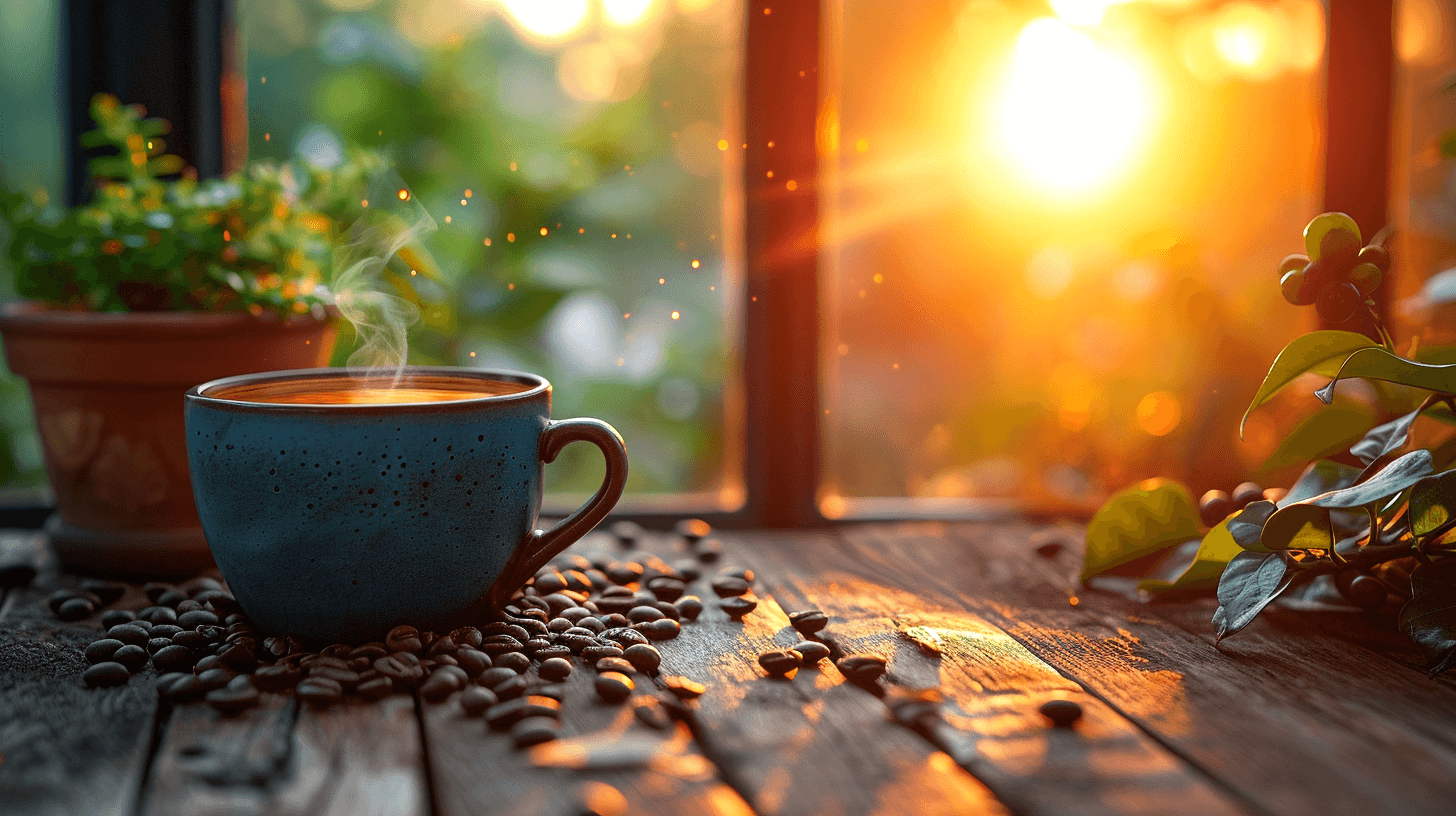 Cup of coffee on a wooden table in the morning
