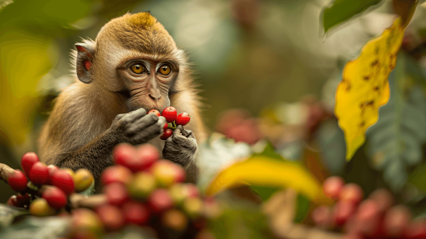 Formosan rock macaque eating red coffee cherries