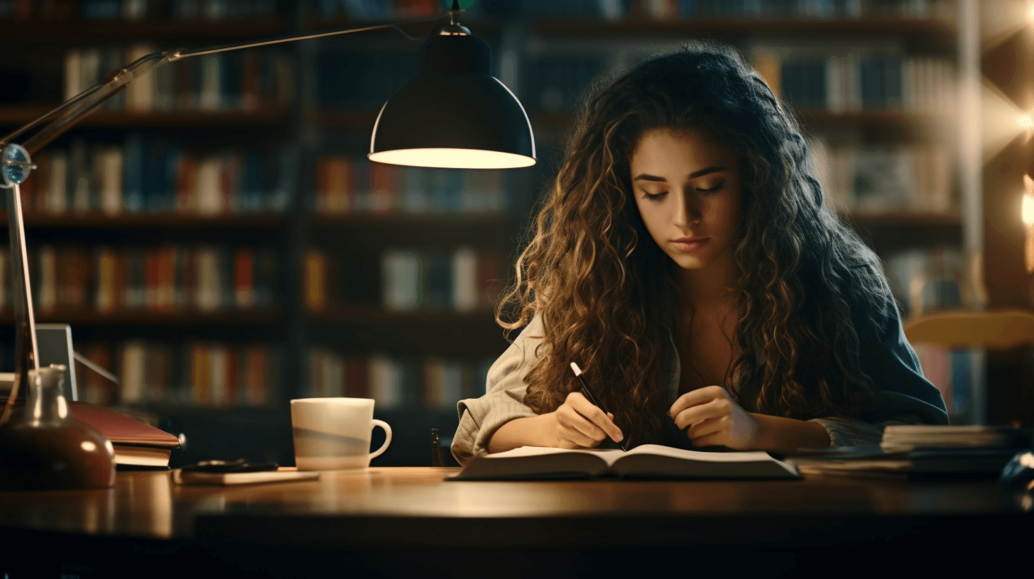 Gen Z woman studying a library with a cup of coffee