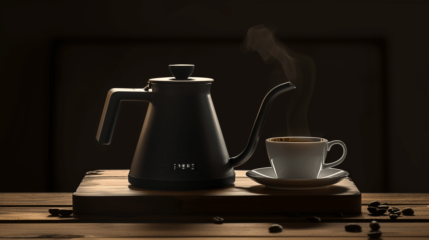 Gooseneck kettle next to a coffee cup