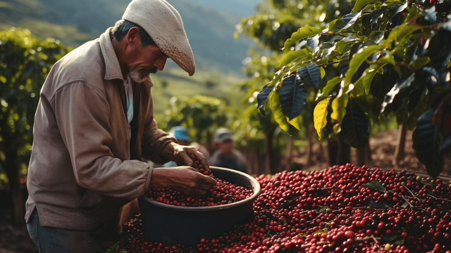 Farmer picking El Finca Injerto coffee cherries in Guatemala