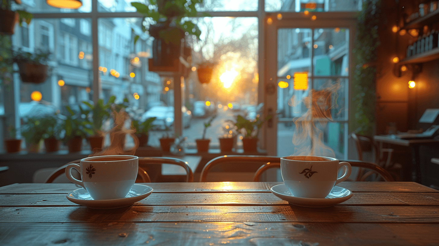 Interior of a coffee shop - spotlight on two coffee cups
