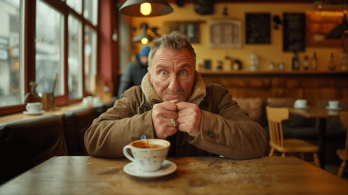 Man frowning in coffee shop after sipping bitter coffee