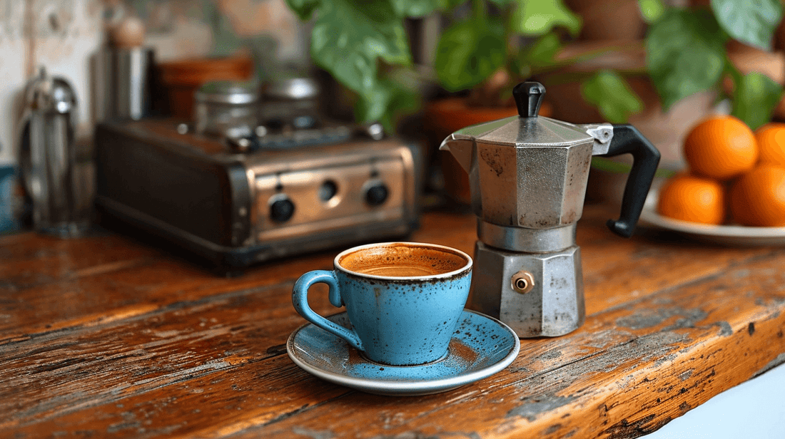 Moka Pot next to an espresso cup