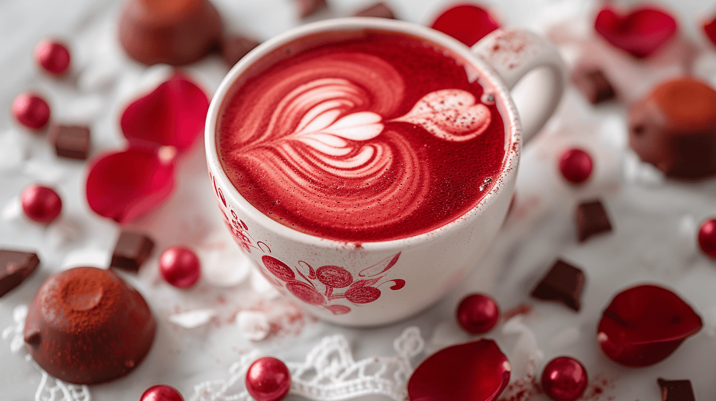 Red Velvet Latte surrounded by chocolate and petals