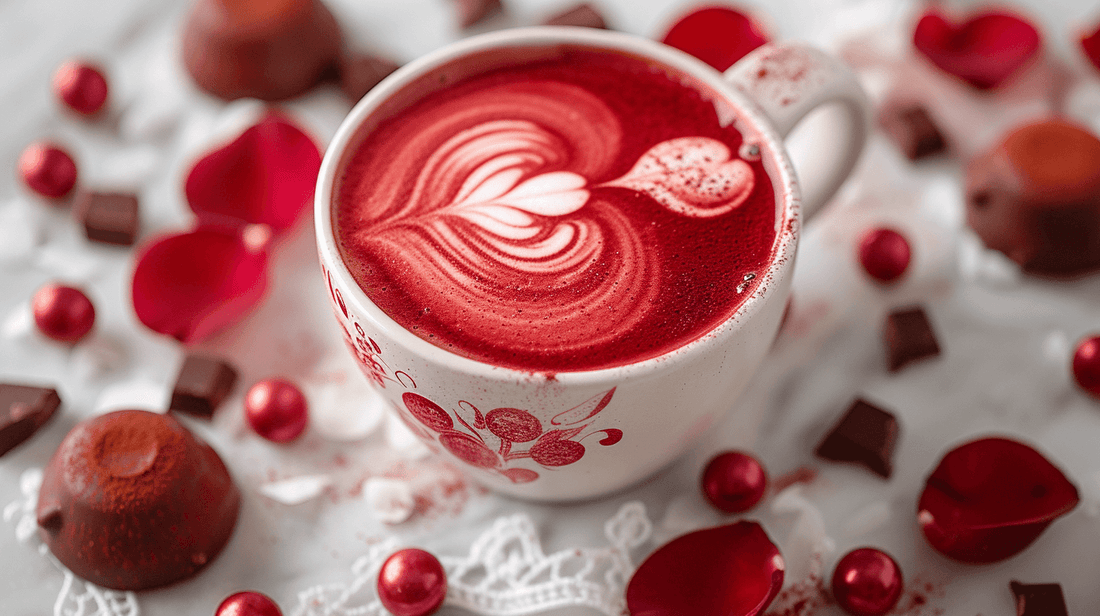 Red Velvet Latte surrounded by chocolate and petals