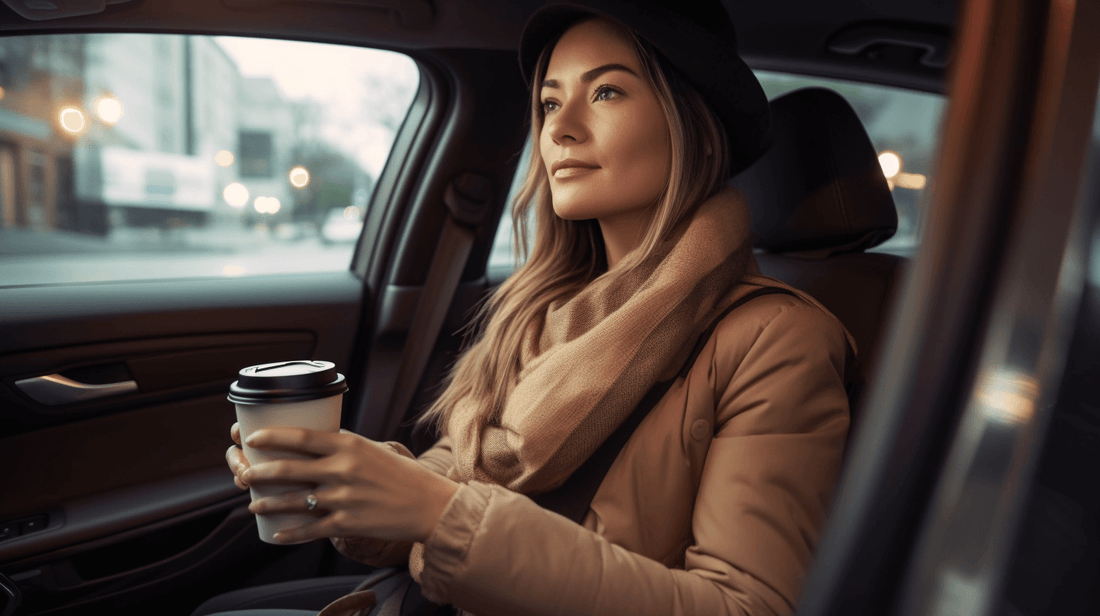 Woman drinking coffee in car at a drive thru
