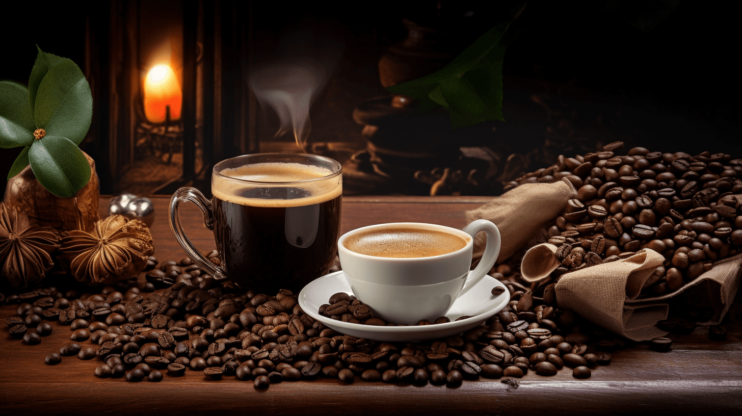 Coffee cup next to an espresso cup with coffee beans
