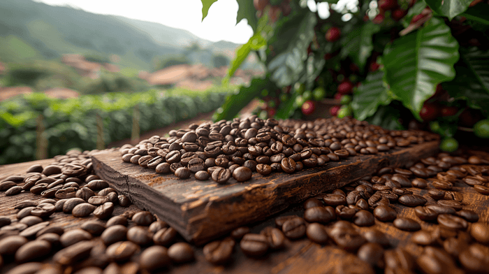 Coffee beans on a rustic wooden table in coffee plantation