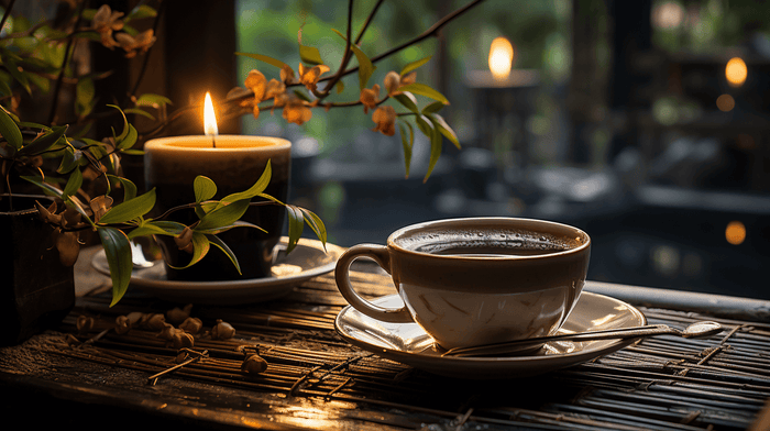 Cup of coffee with a candle next to it